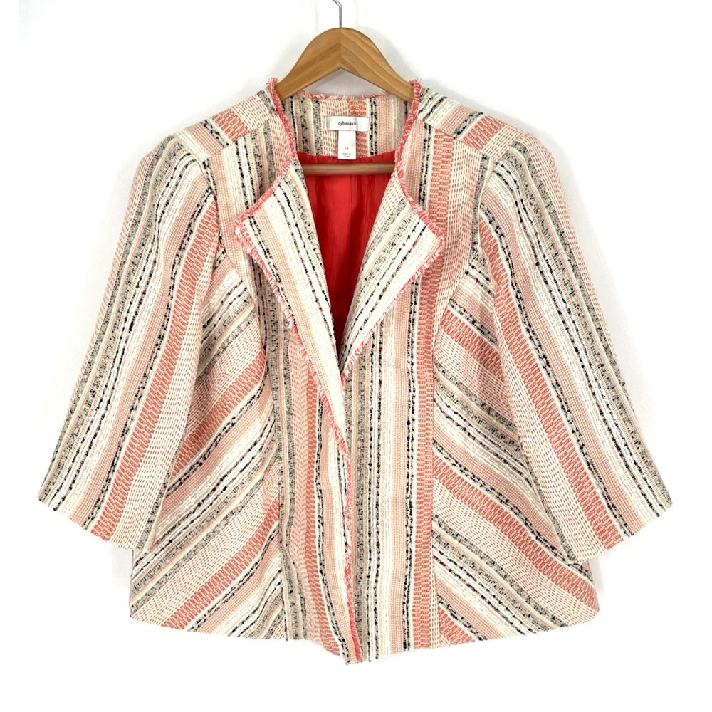 Christopher & Banks 1X Jacket Coral Cream Tweed Open Front Blazer 3/4 Sleeve